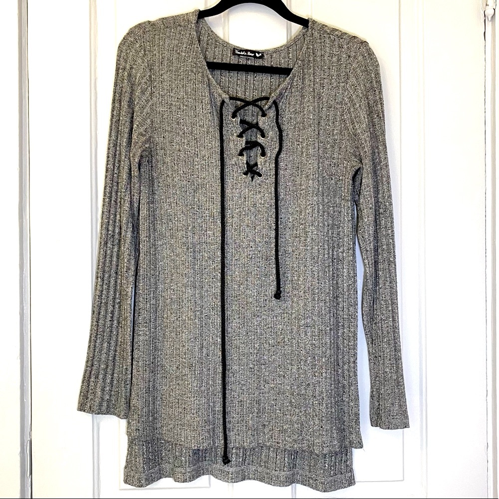 Long Sleeve Ribbed Lace Up Top
